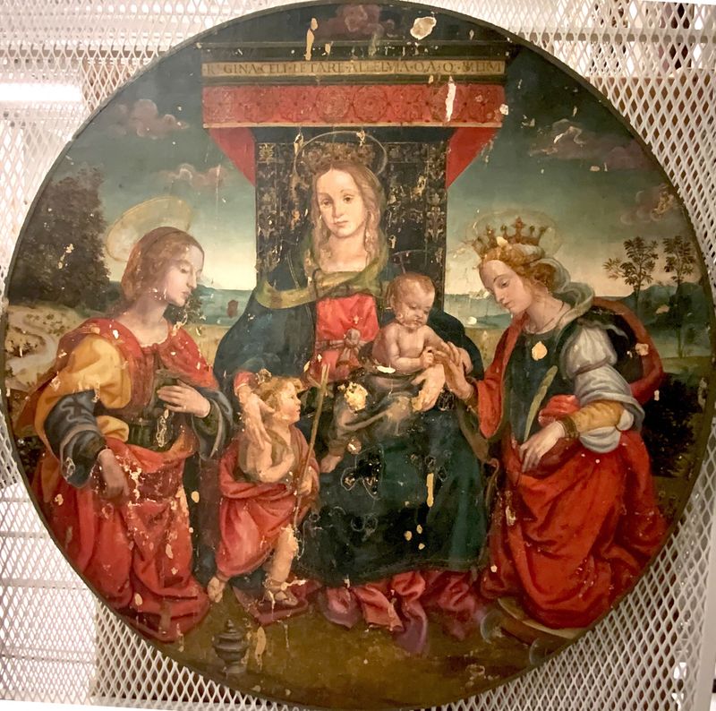 Tempera on panel by Raffaellino del Garbo depicting Saint Catherine, the Magdalen, and the Infant Saint John.