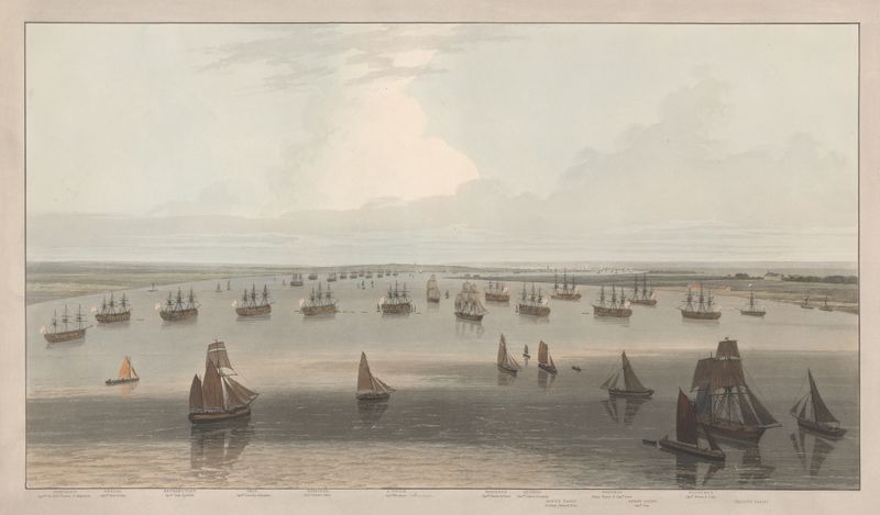 Marine scene with frigates on the Thames Estuary, oil painting by William Daniell
