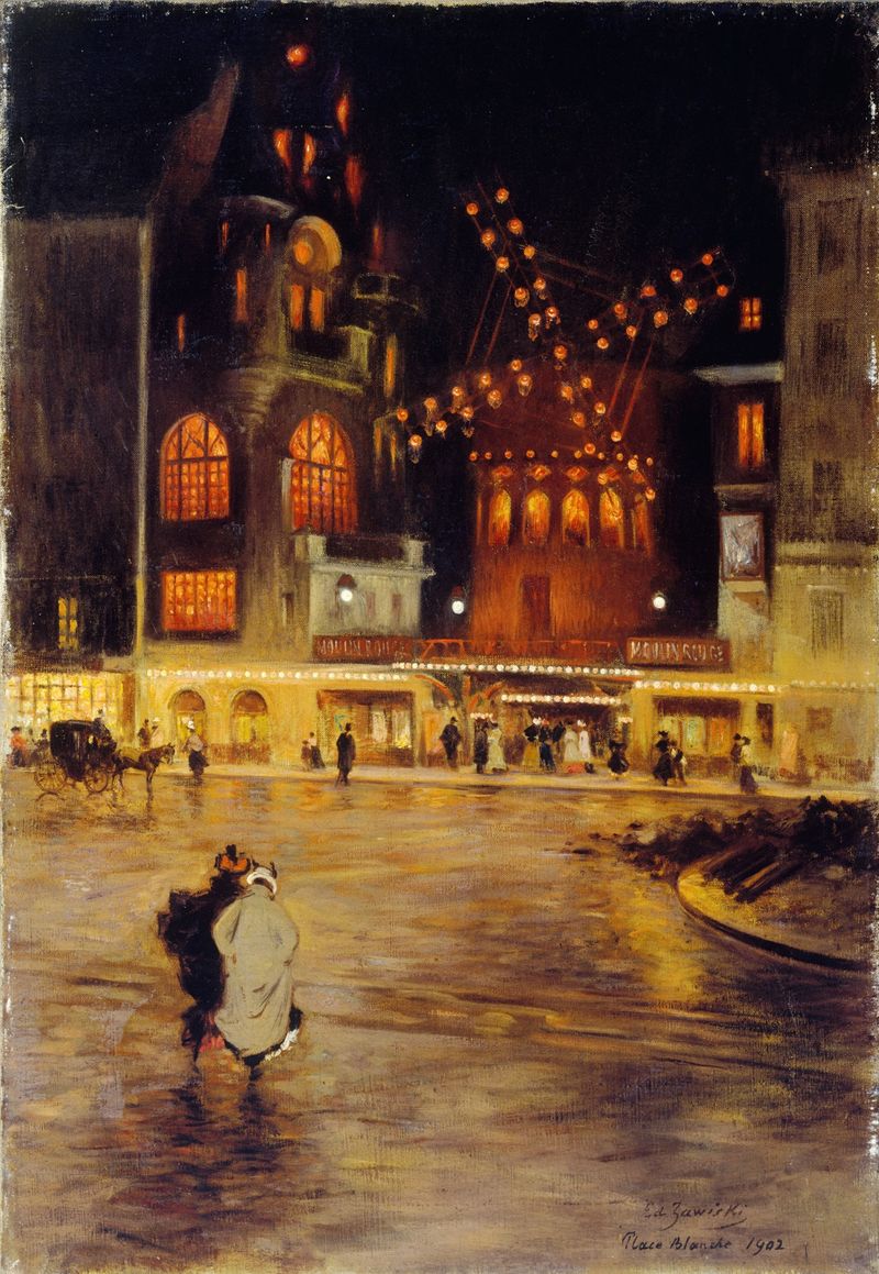 Obra de Post-Impresionismo de Edouard Zawiski que representa el Moulin Rouge y una multitud vibrante