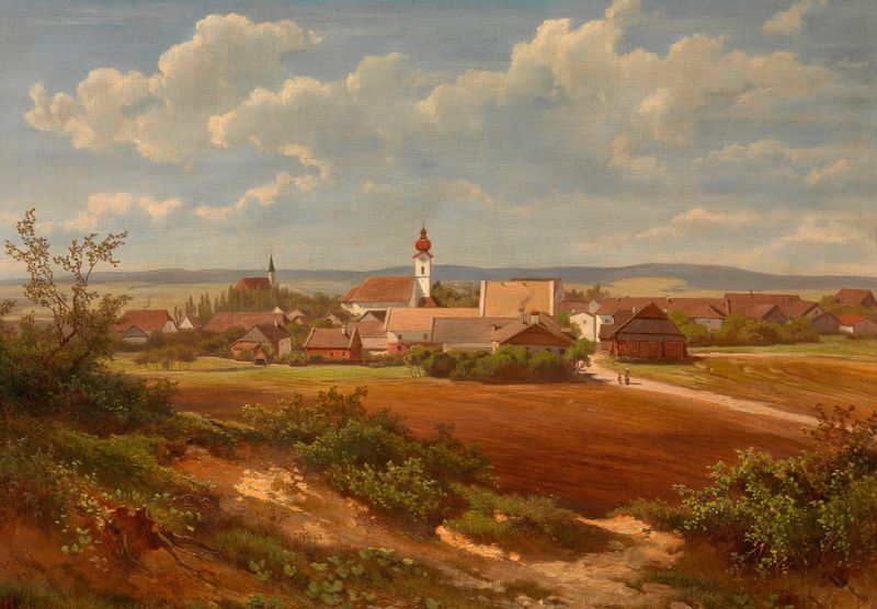 Landscape depicting a village with houses and rolling hills by Melchior Fritsch, oil painting