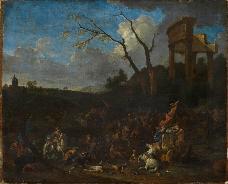 Historical oil painting by Jasper Broers depicting a battle near ancient temple ruins