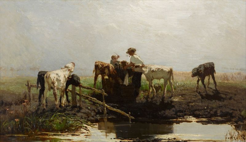 Calves at a trough by Willem Maris, oil painting depicting calves in soft light