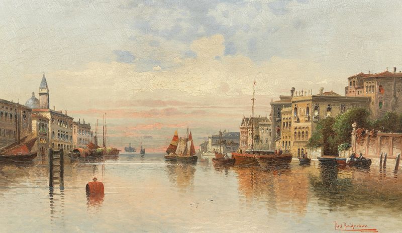 Venice, a View of a Canal by Karl Kaufmann, oil painting depicting serene waters and buildings.
