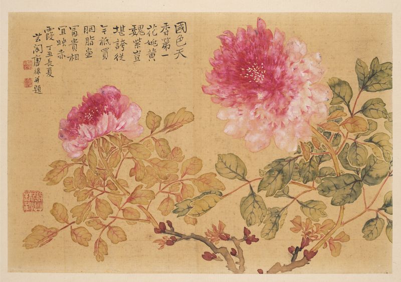 Peonies de Tang Lu, obra em seda retratando flores vibrantes