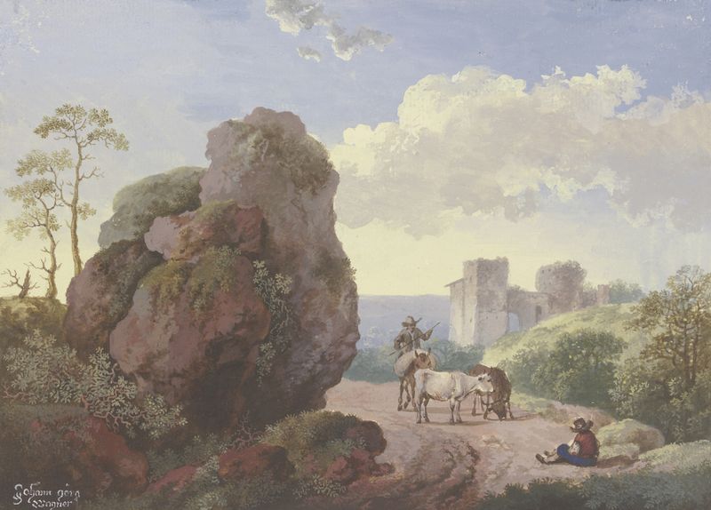 Landscape oil painting by Johann Georg Wagner featuring a rock, path, shepherd, and cattle.