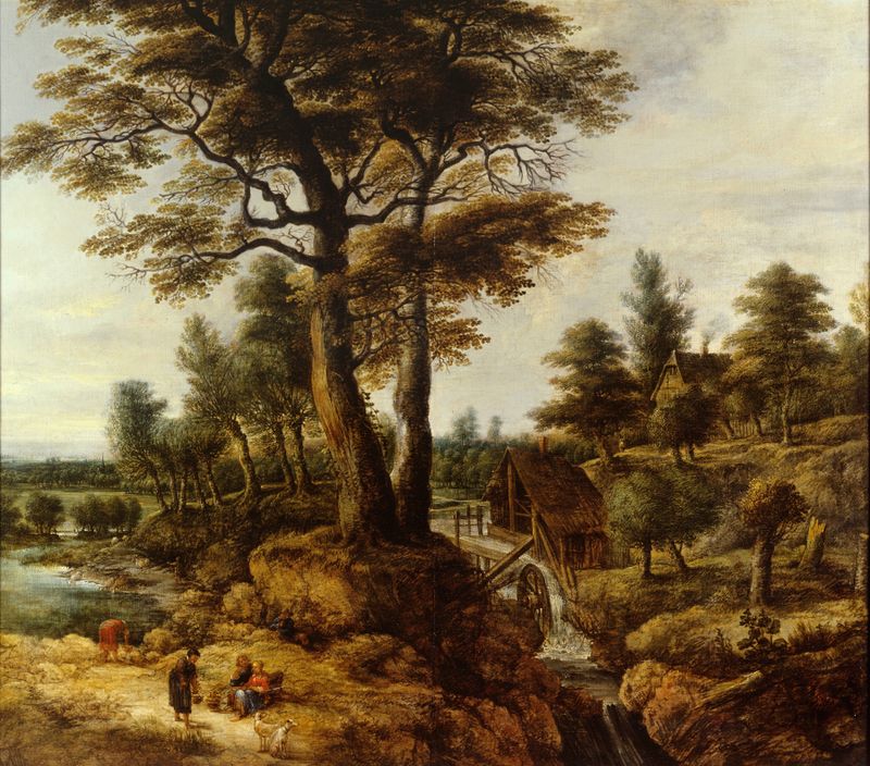 Water Mill by Lucas van Uden, oil on canvas depicting a tranquil river landscape