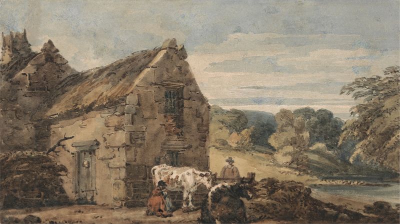 Cottage near Newcastle, Northumberland de Thomas Girtin, óleo de un cottage a la luz del sol.