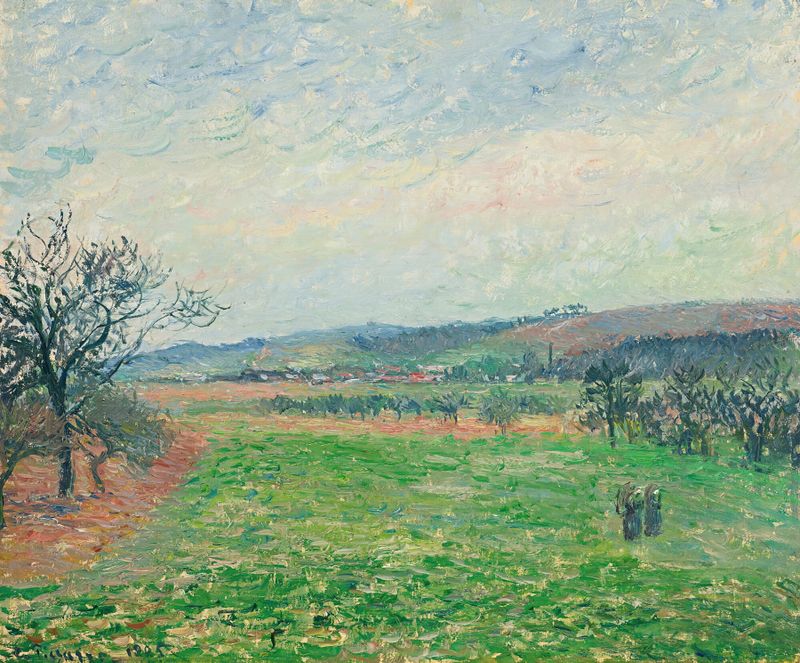Landscape of hills under gray clouds, oil on canvas by Camille Pissarro