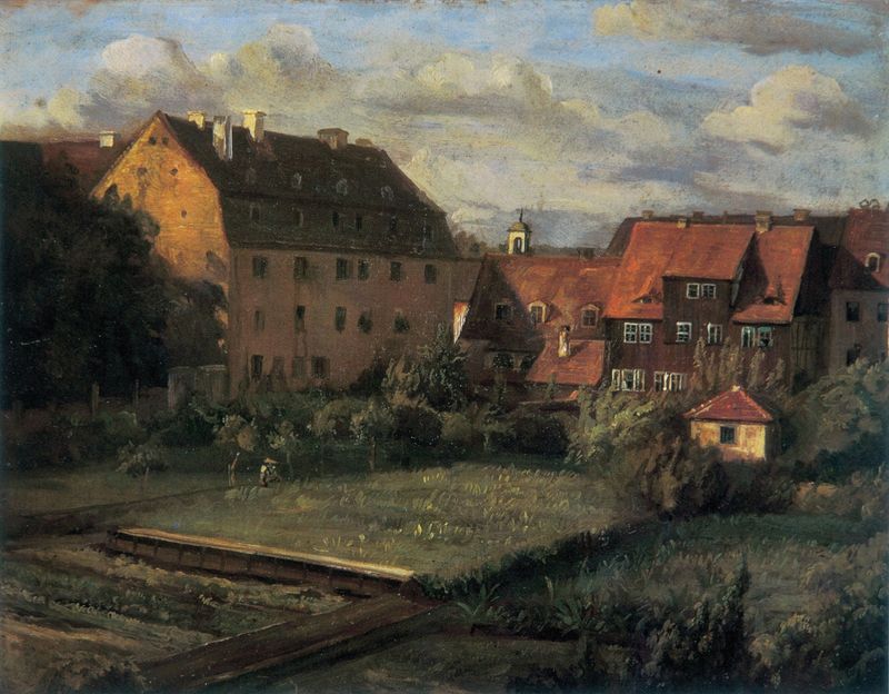 The Red Houses by Christian Friedrich Gille, oil painting depicting vibrant red houses in a rural landscape.