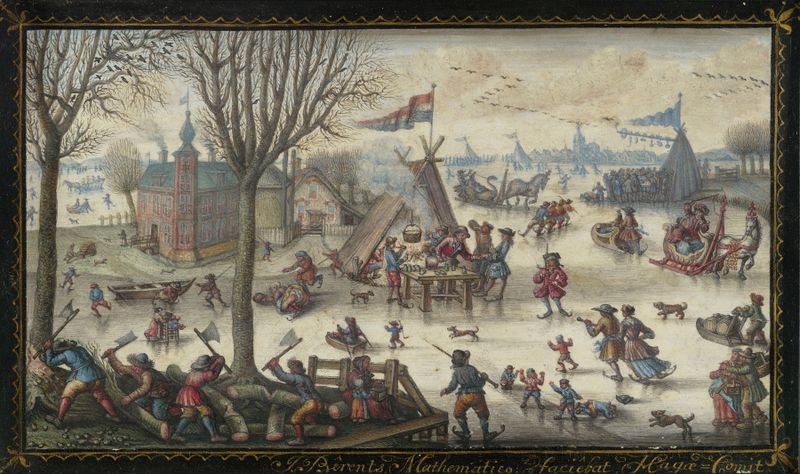 Paisagem de inverno com figuras atravessando a neve, pintura a óleo de Jan Berents
