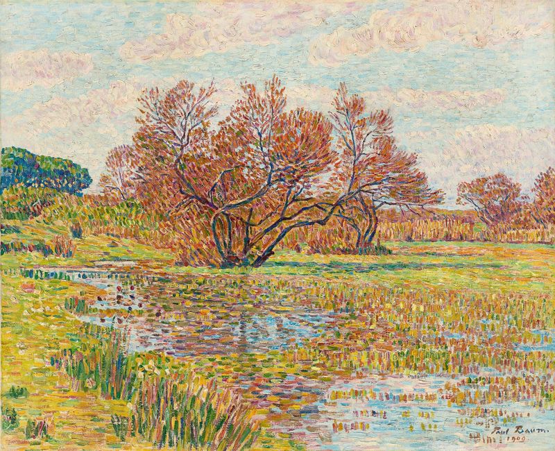 Landscape in Arles de Paul Baum, óleo sobre lienzo, con colinas onduladas y cálida luz dorada.
