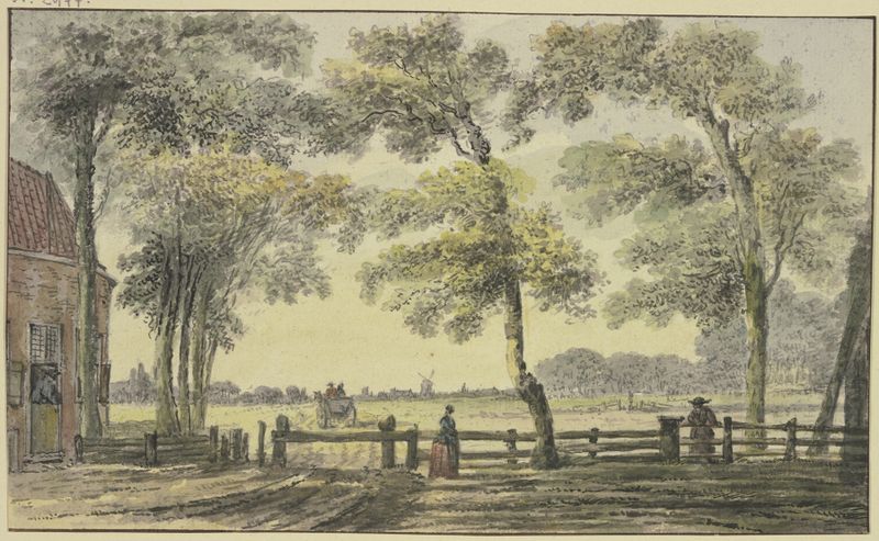 Oil painting by Hendrik Spilman depicting a woman at a gate surrounded by trees.