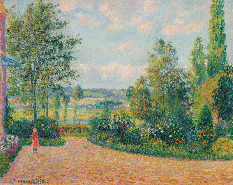 Cena de jardim com folhagem exuberante e luz solar, óleo sobre tela de Camille Pissarro