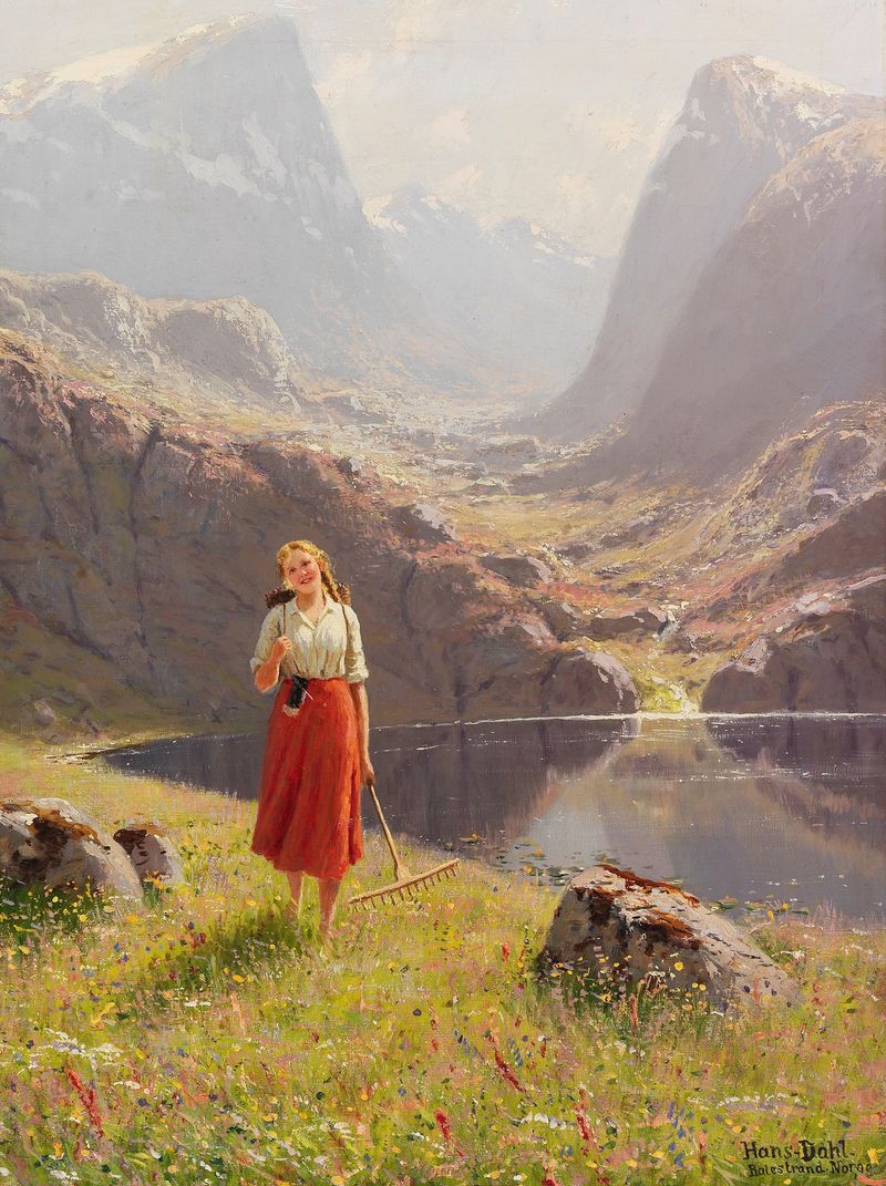 Genre scene depicting a girl with a rake and box in a Norwegian fjord, by Hans Andreas Dahl.