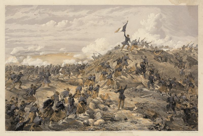Litografía histórica de William Simpson que representa soldados en batalla.