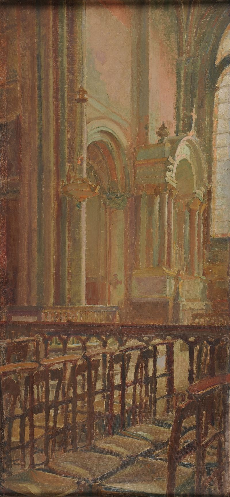 Religious scene in oil on canvas by Charles Marie Dulac featuring a chapel with stained glass.