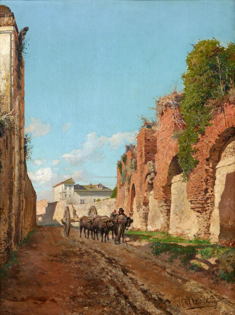 Escena de género con bueyes en una calle de adoquines de Franz Richard Unterberger, medio desconocido.