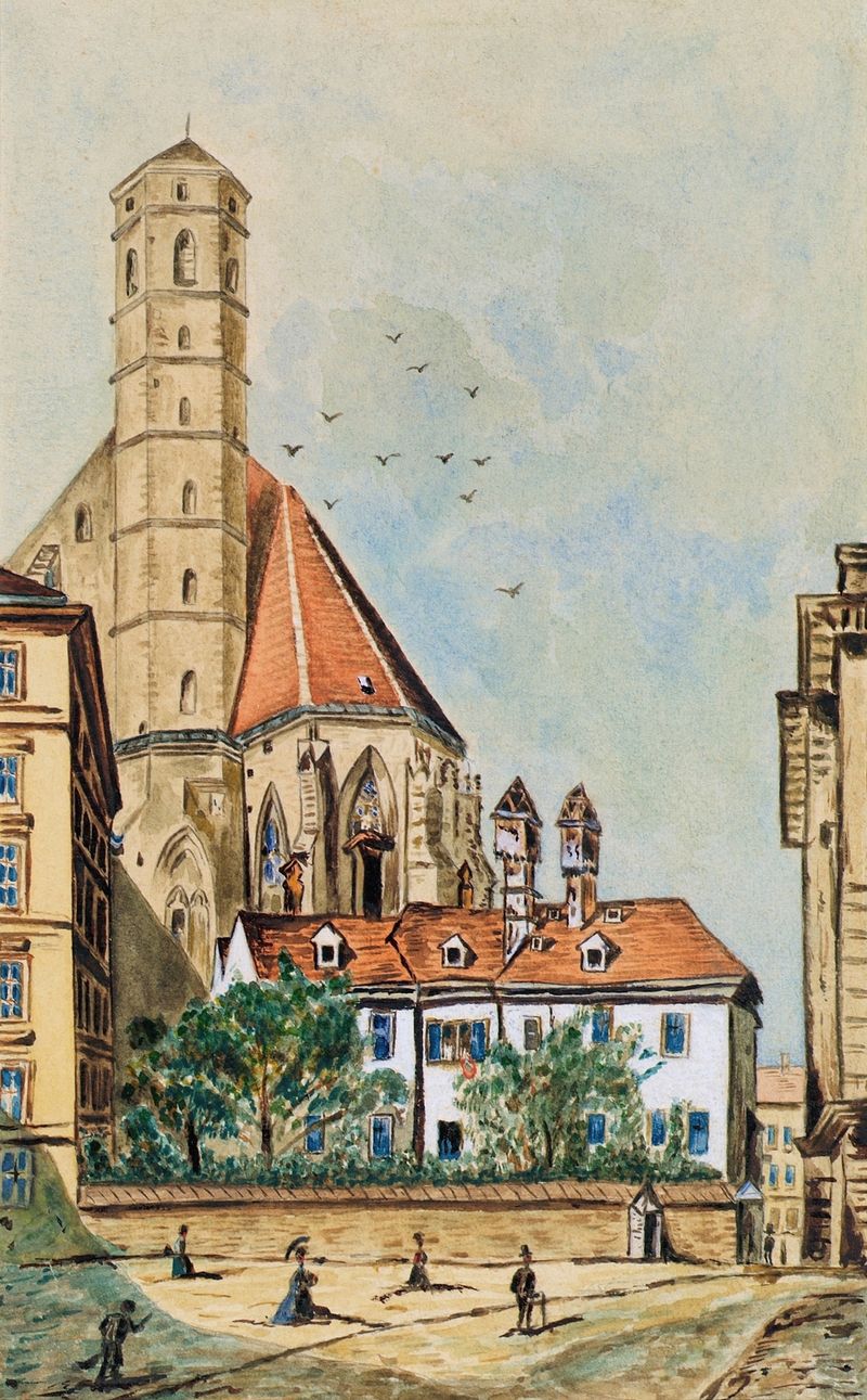 Interior of Die Minoritenkirche in Wien by Emil Hütter, Gothic architecture with stained glass.