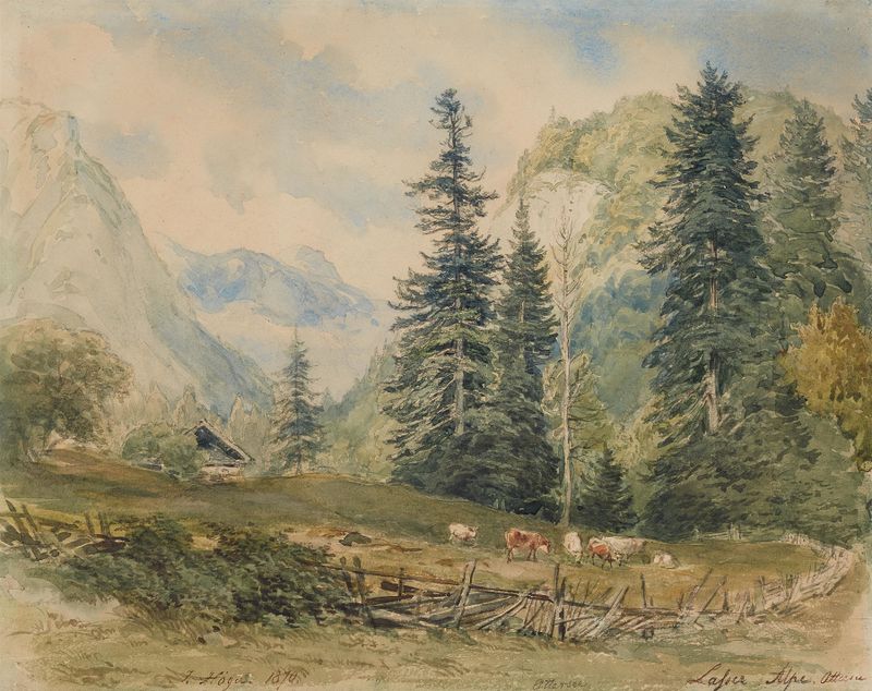 Alpenlandschaft am Attersee de Joseph Höger, óleo sobre tela, retrata um lago tranquilo e montanhas.