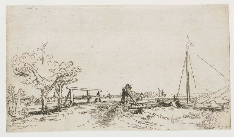 Grabado de Rembrandt van Rijn que representa un puente sobre agua con árboles