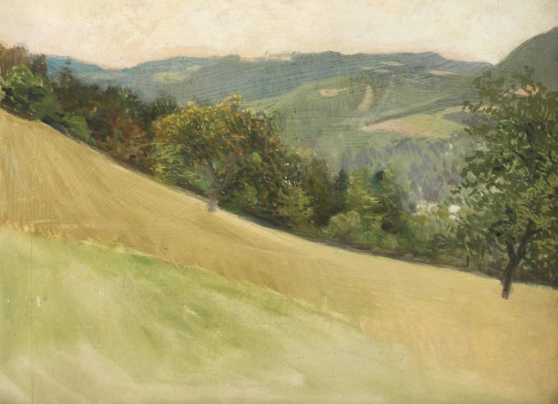 Landschaftsstudie by Sigmund Walter Hampel, impressionism, landscape with a stream and greenery