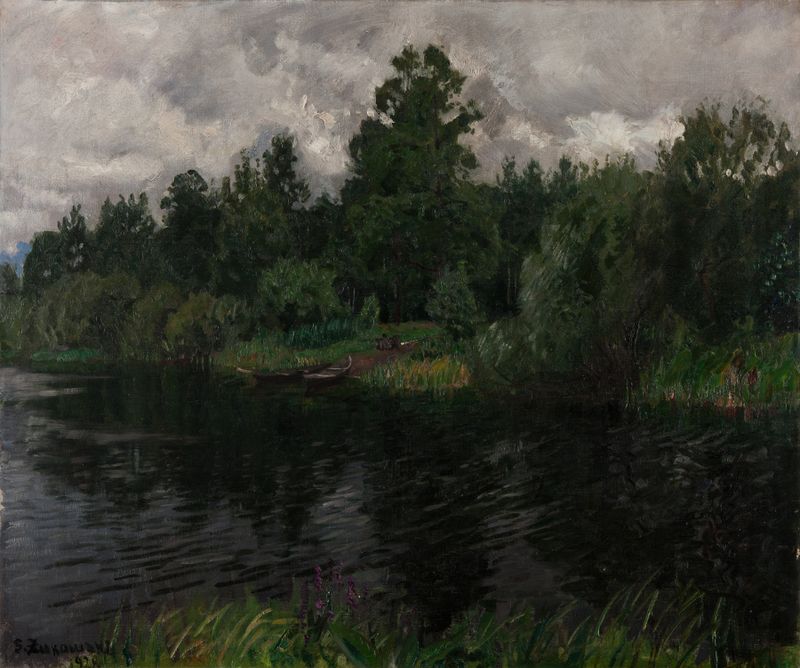 Rivulet in Polesie, oil painting by Stanislaw Zukowski, depicting a tranquil river with reflections in lush greenery.
