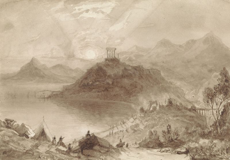 Classical Landscape with Temple de Isaac Weld, pintura al óleo que muestra un paisaje sereno con ruinas y un camino sinuoso.