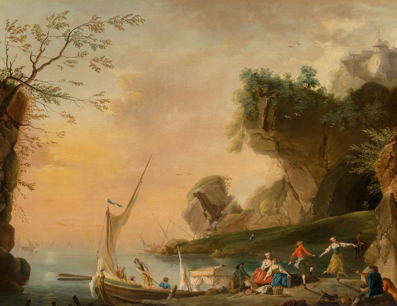 Paisagem costeira mediterrânea com barcos e figuras, óleo sobre tela de School Of Charles François Lacroix