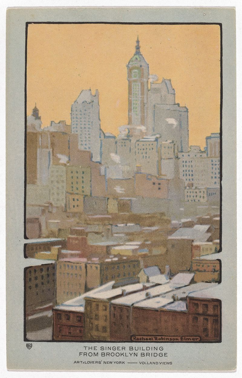 La silueta del Singer Building contra el cielo crepuscular, acuarela de Rachael Robinson Elmer