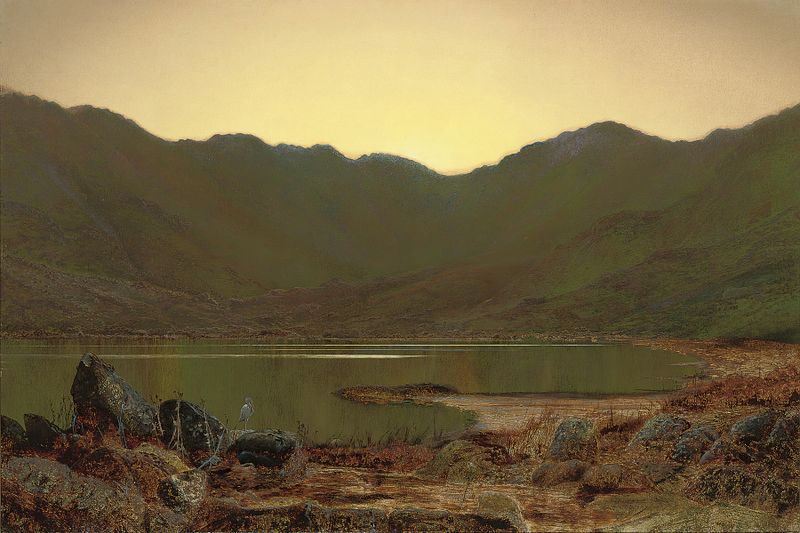 Paisagem com uma garça junto a águas cintilantes, pintura a óleo de John Atkinson Grimshaw