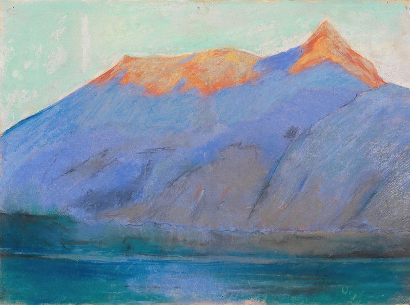 Pintura a óleo de Lesser Ury retratando um lago sereno e o Monte Baldo.