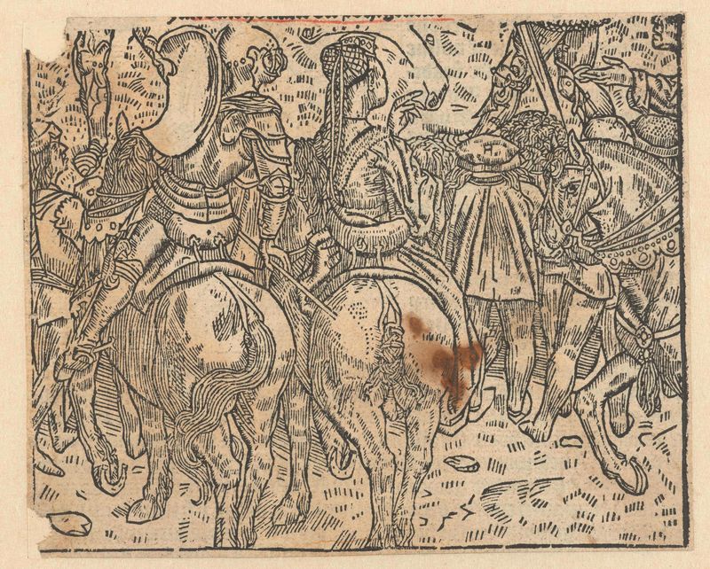 Vrouw met ridder te paard, papel, Unknown Artist, una mujer en un vestido vibrante junto a un caballero con armadura