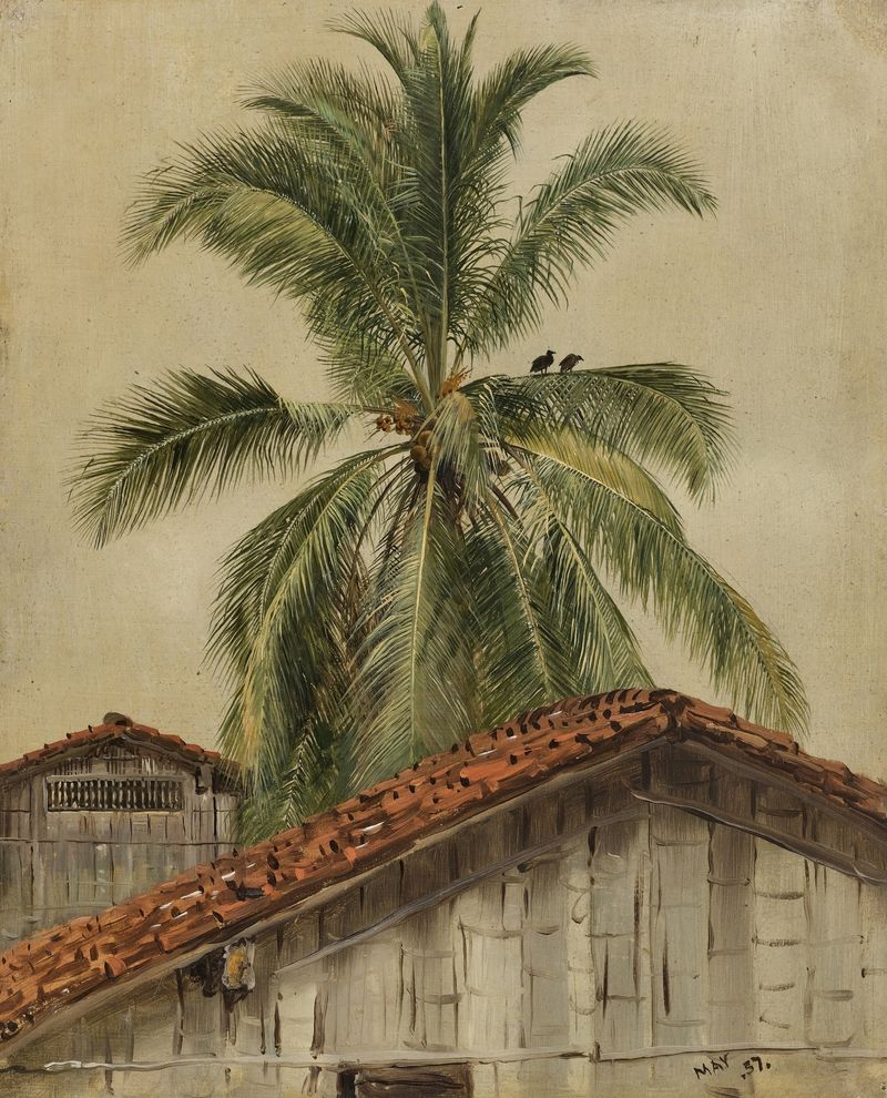 Paisagem de palmeiras e telhados no Equador, pintura a óleo de Frederic Edwin Church