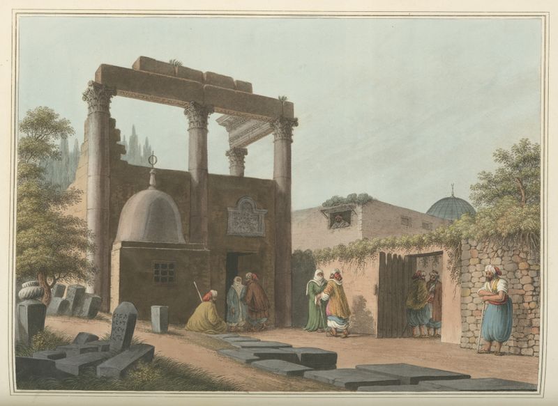 Mezquita en Lataquia, acuarela sobre papel de Luigi Mayer, con una cúpula luminosa y un atardecer.