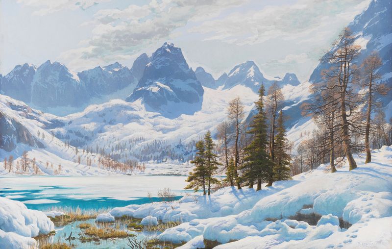 Lago y montañas en Seebensee bei Ehrwald, óleo sobre lienzo de Rudolf Reschreiter