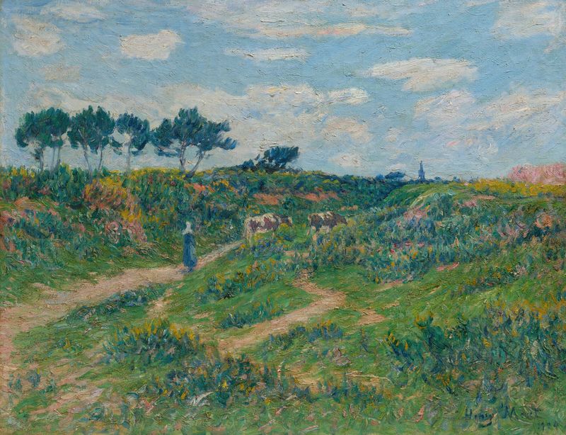 Chemin dans la Lande, Bretagne by Henry Moret, oil on canvas depicting a winding path through lush underbrush.