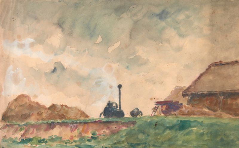 Paisagem rural com campos e pôr do sol por Ivan Ivanec, pintura a óleo