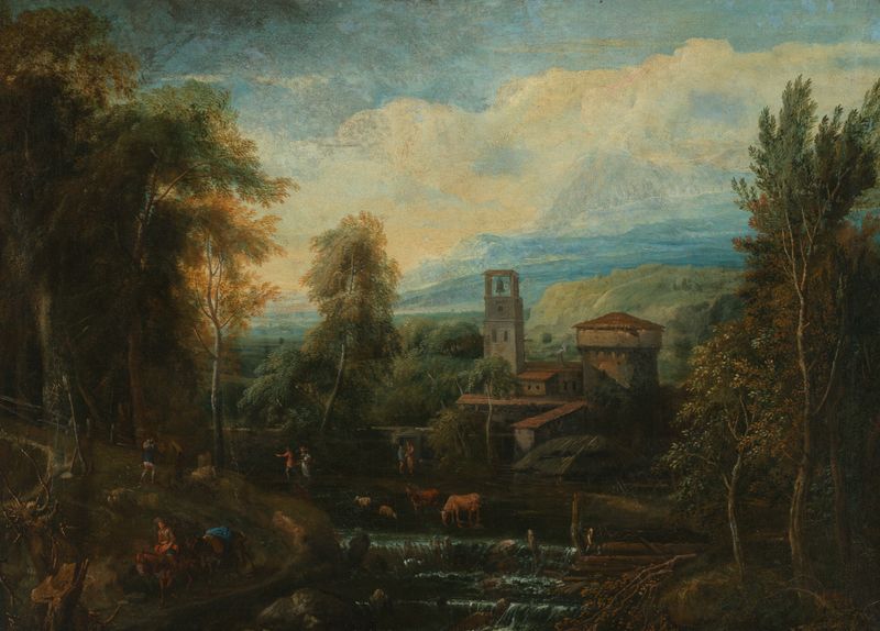 Landscape by Franz Joachim Beich, depicting rolling hills and golden light, oil painting.