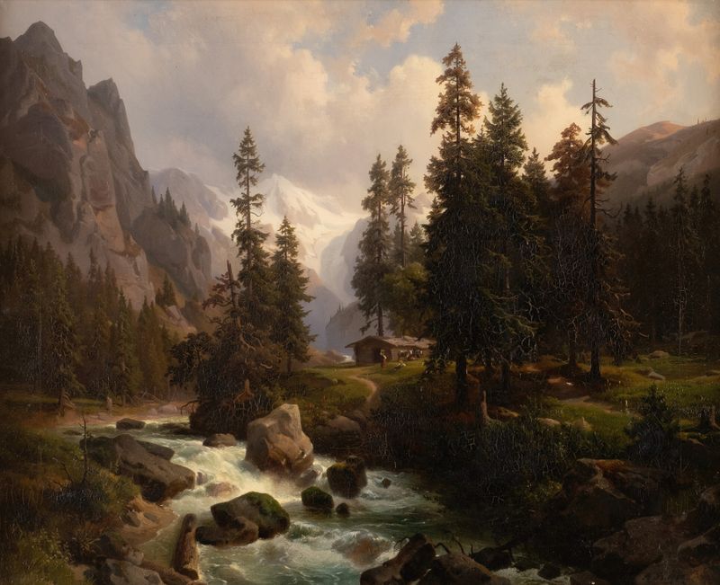 Pintura al óleo de paisaje de August Behrendsen con montañas y praderas.