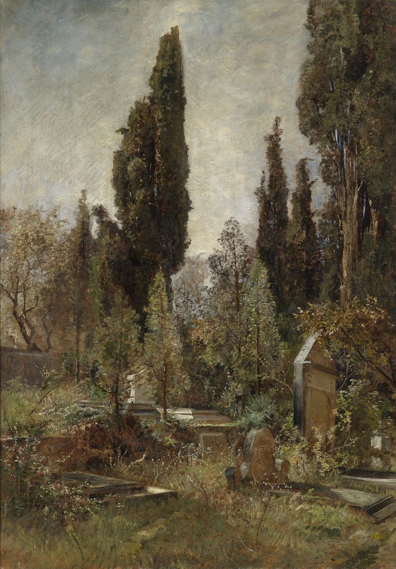 Alter Friedhof by Marie Egner, oil on canvas depicting a somber landscape with twisted trees.