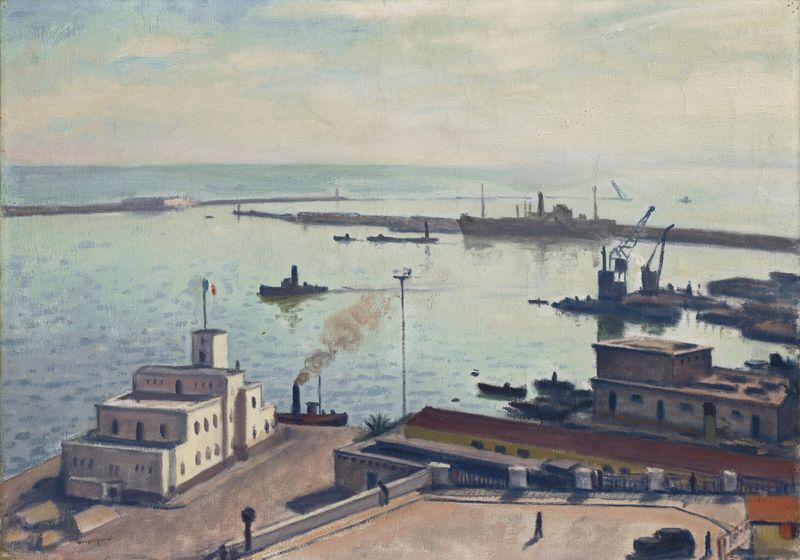 Le port en hiver de Albert Marquet, óleo que muestra barcos al anochecer.