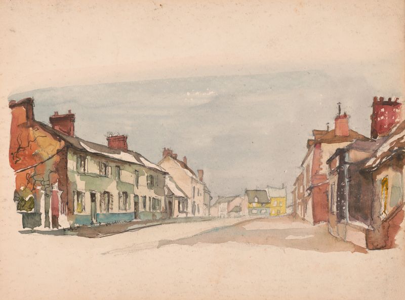 Street in Beauvais Cold Sunday de Victor Alfred Lundy, pintura al óleo que muestra una figura solitaria en una calle inver...