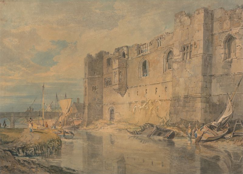 Newark, upon Trent de Joseph Mallord William Turner, óleo sobre tela que retrata uma paisagem de rio tranquila.