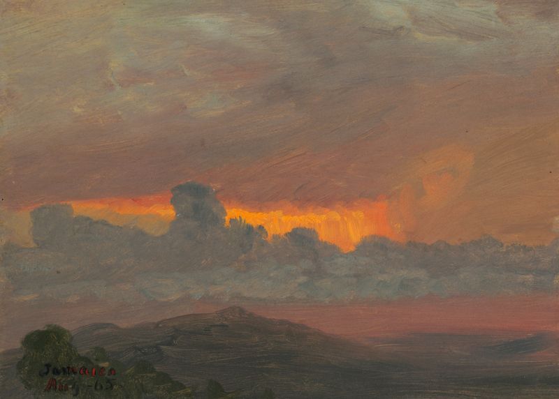 Sunset II de Frederic Edwin Church, pintura a óleo que retrata um vibrante pôr do sol com nuvens em espiral.