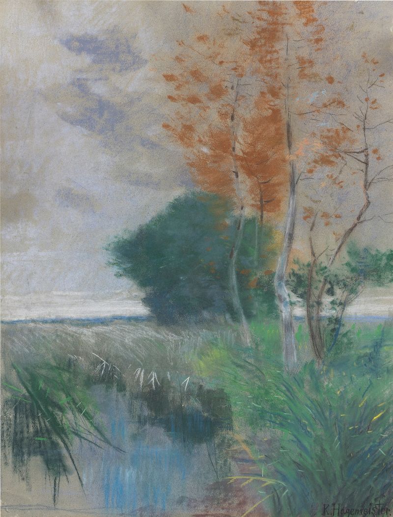 Märkische Uferlandschaft de Karl Hagemeister, óleo sobre lienzo que representa un paisaje de río tranquilo.