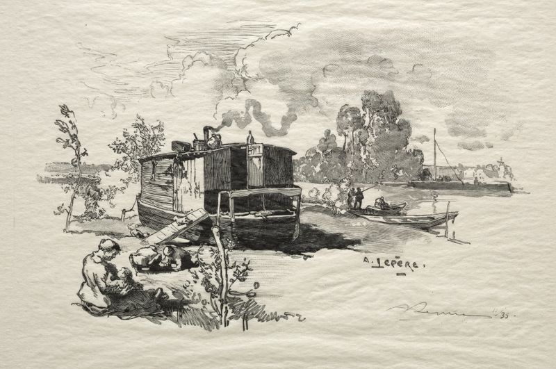 Grabado de Auguste Louis Lepère que muestra un barco en aguas tranquilas.