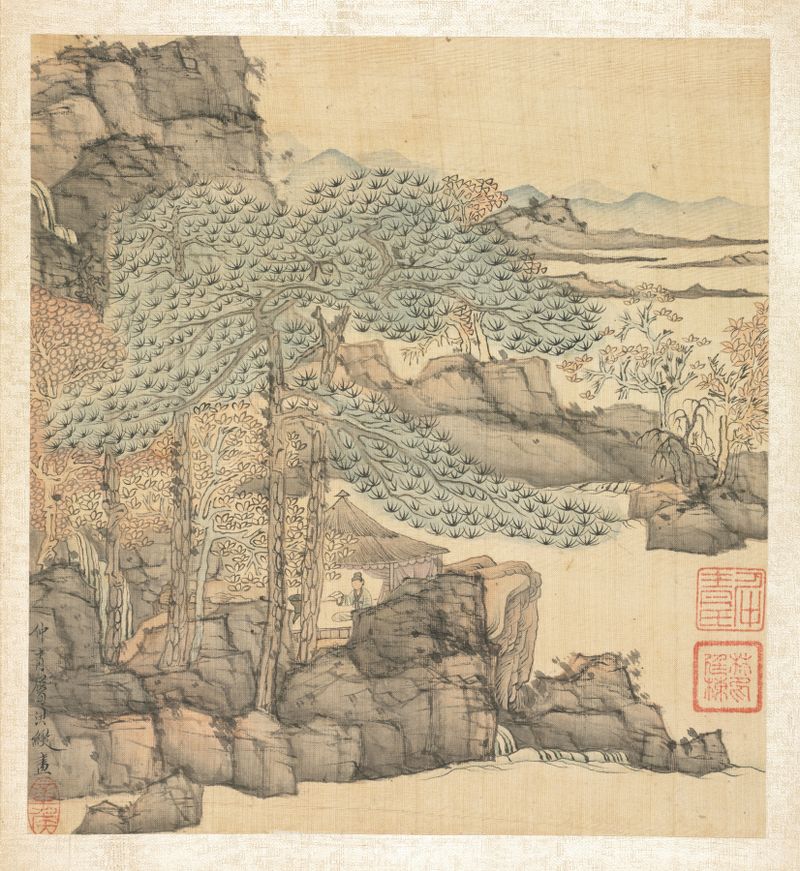 Scholar reading in a thatched hut by a waterfall, ink on paper by Chen Hongshou