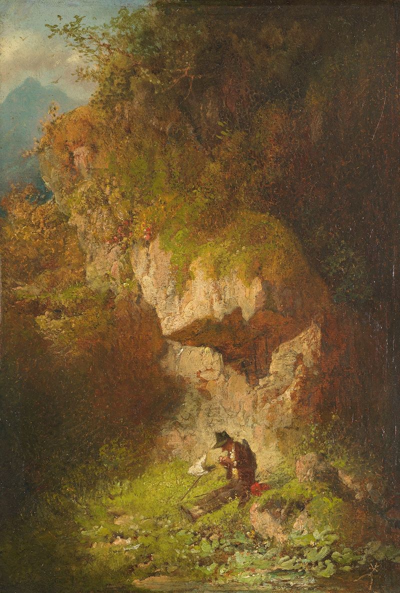 Pintura al óleo de Philipp Sporrer que muestra a un coleccionista de mariposas en un paisaje alpino.