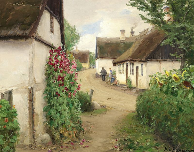 Post-Impressionism oil painting by Hans Andersen Brendekilde featuring sunflowers and hollyhocks