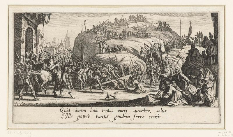 Kruisdraging etching by Jacques Callot depicting a somber religious procession with figures in shadow.